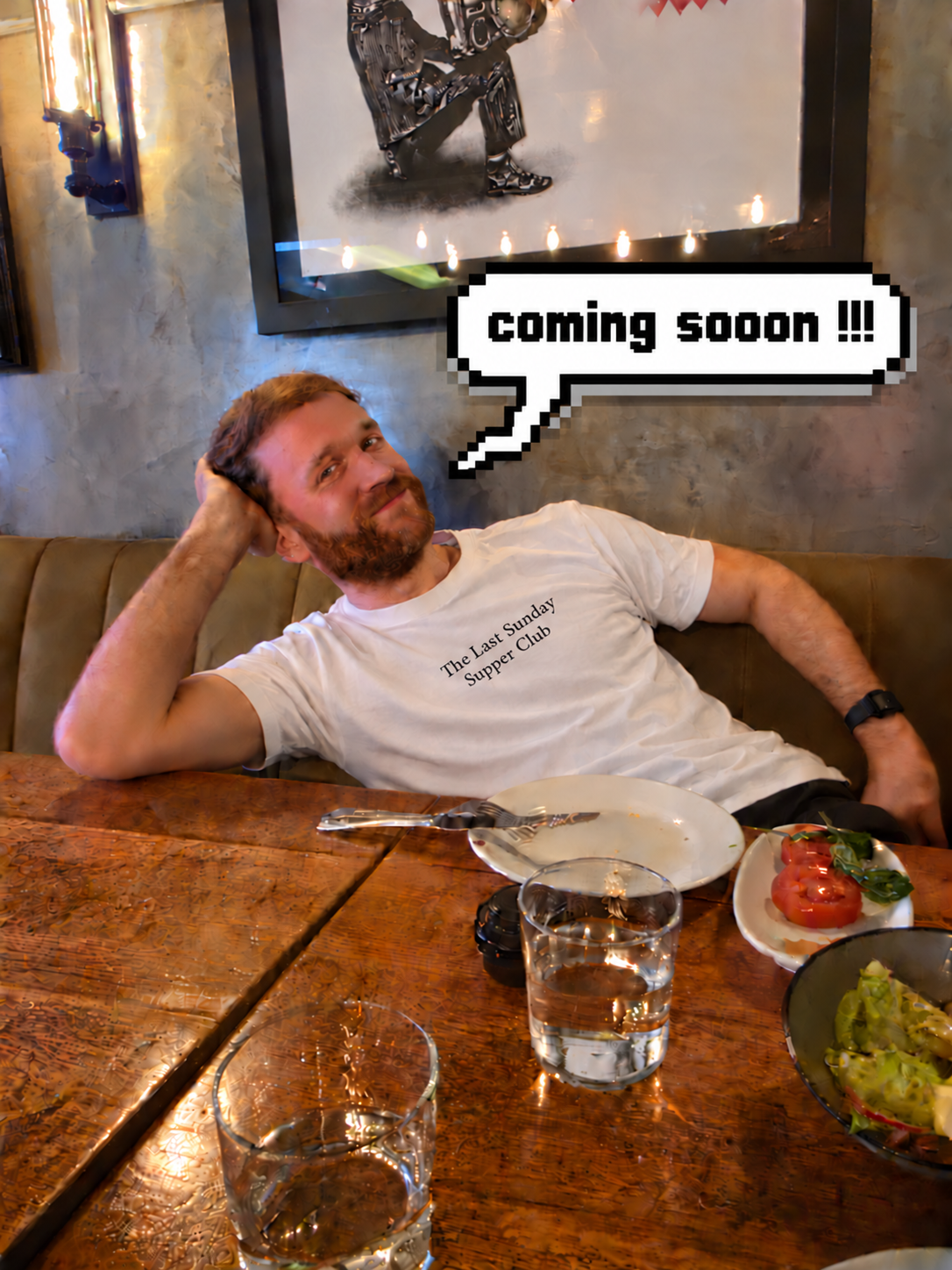 The Last Sunday Supper Club T-shirt preview, with a coming soon speech bubble